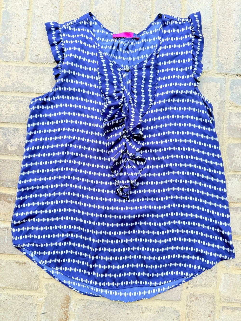 Ruffle-Front Sleeveless Dot-Print Blouse — Blue